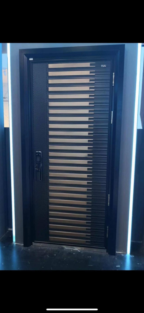 Modern Metal Security Door with a black frame and horizontal gold-coloured panels