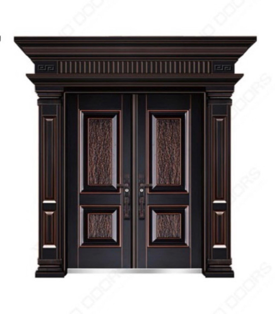 Cast Aluminum Front Entrance Door with a textured black finish and copper-toned koi fish and lotus leaf decorative Element