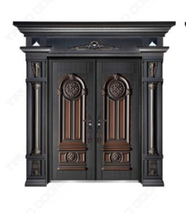 Cast Copper Security Double Door with decorative carvings and gold-toned accents