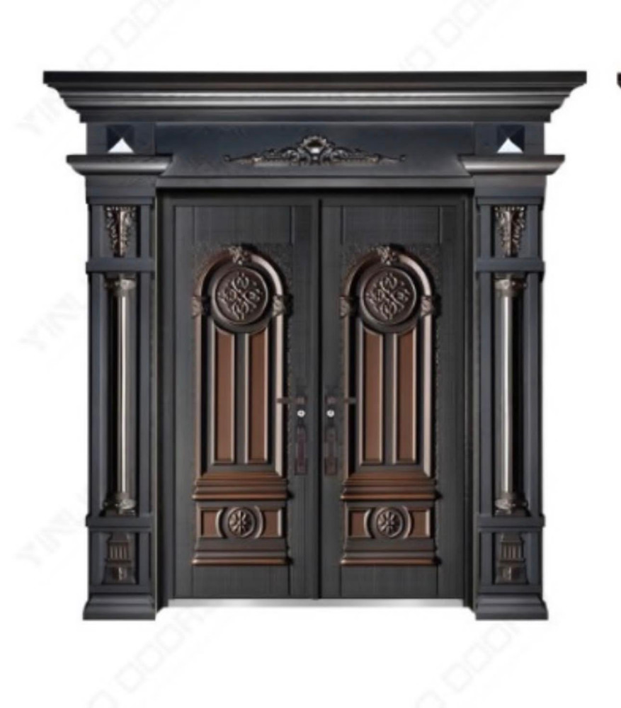 Cast Copper Security Double Door with decorative carvings and gold-toned accents