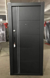 Modern Black Steel Security Door with a multi-locking system and decorative vertical white lines