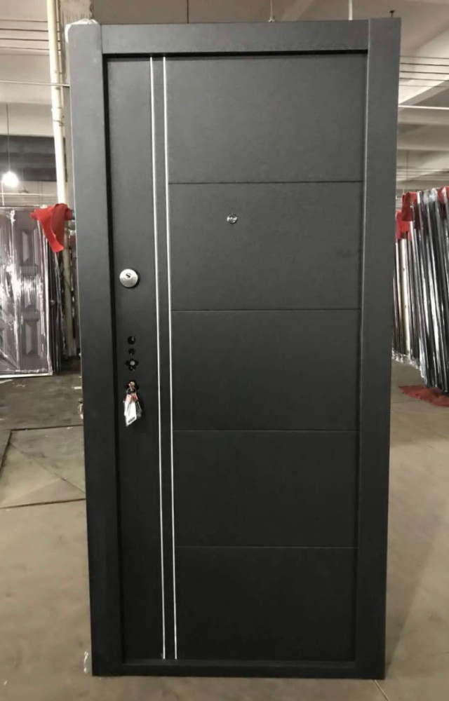 Modern Black Steel Security Door with a multi-locking system and decorative vertical white lines