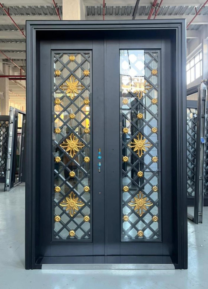 Double Security Door with glass Panels and decorative wrought Iron