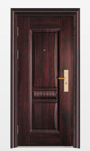 Steel Security door with a dark wood-grain finish