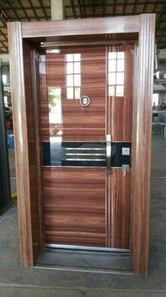 Turkish Security Door with a wood-look finish and horizontal black glass accent panels