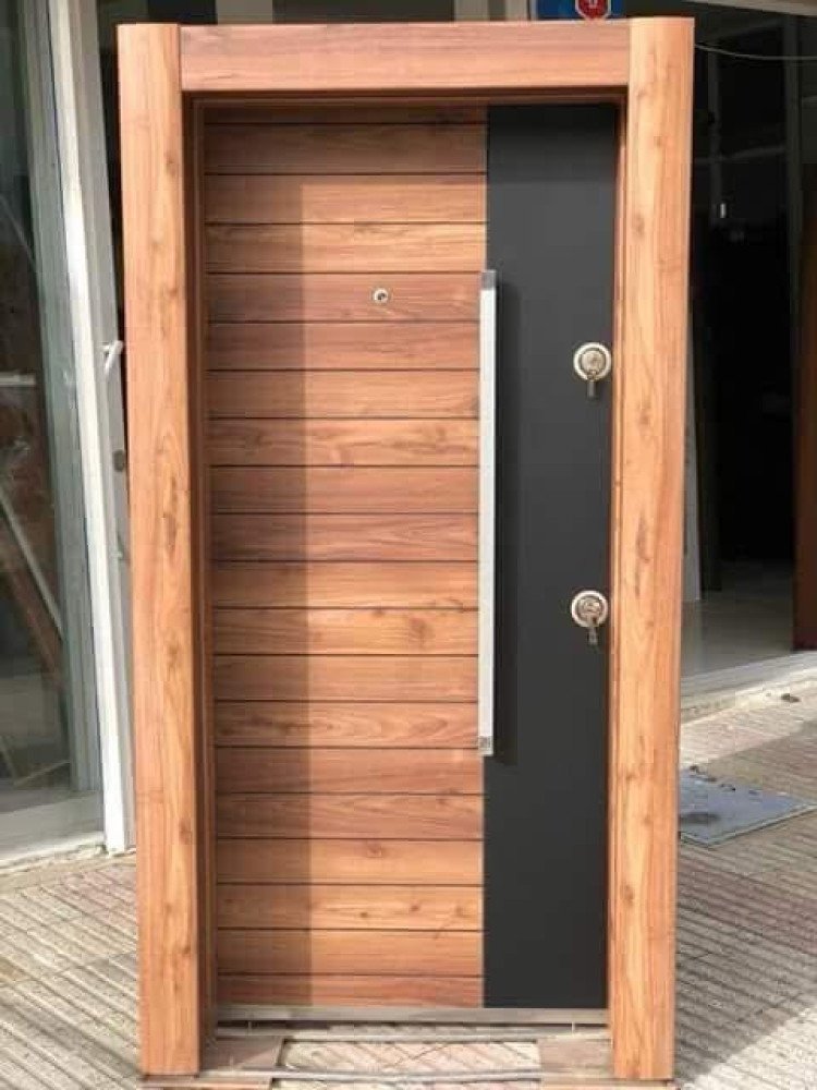 Modern Security Door with a wood-panel finish and black metal section