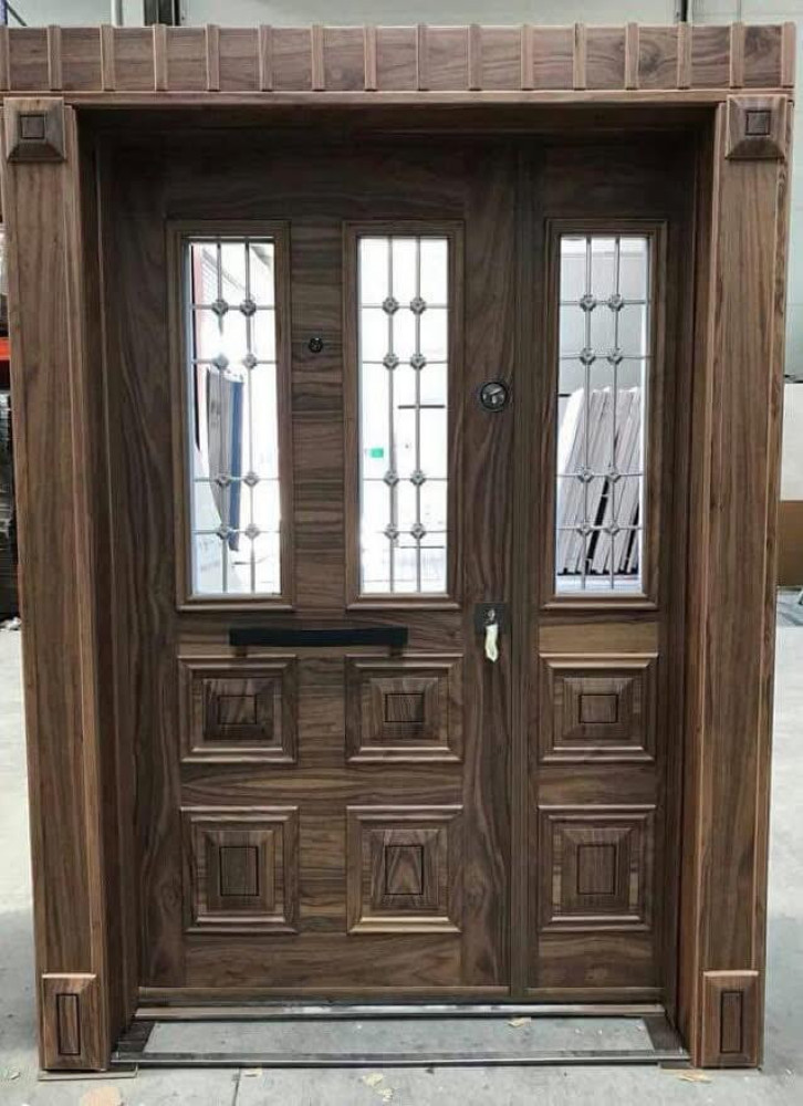 Double-door style Security Door with a wood-grain finish and glass insert