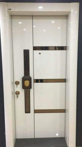 Modern White Armoured Security Door with gold-toned horizontal accents