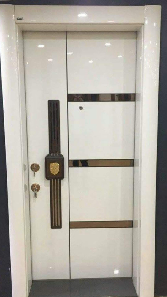 Modern White Armoured Security Door with gold-toned horizontal accents