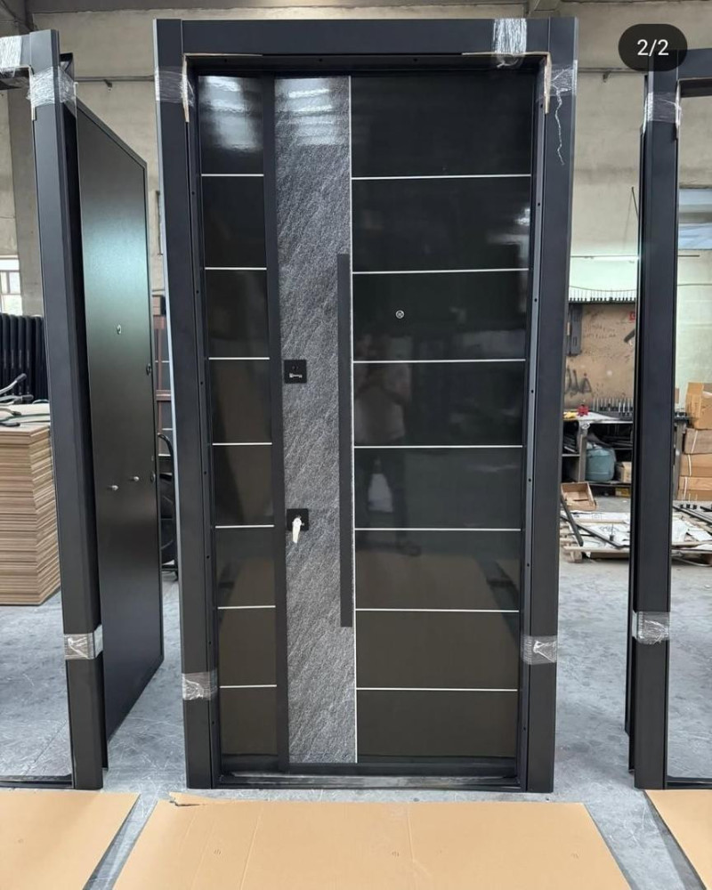 Modern Black Turkish Security Door with a Textured grey Vertical accent panels