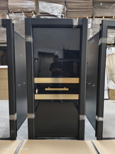 Modern Turkish Security Door featuring a black gloss finish and gold accent strips and handle