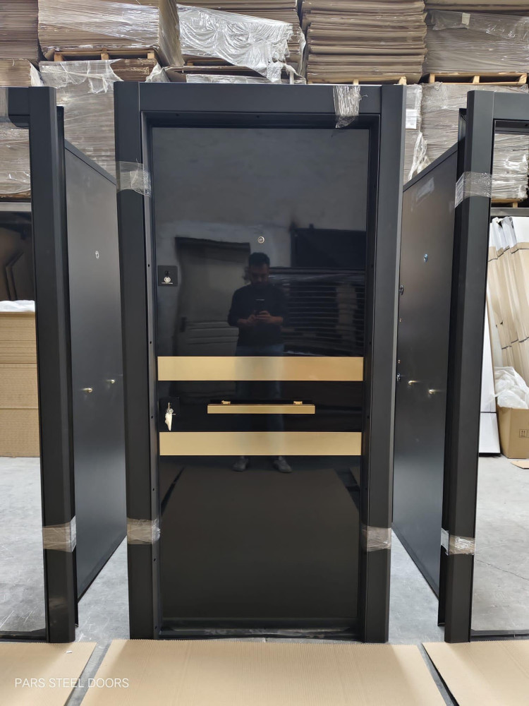Modern Turkish Security Door featuring a black gloss finish and gold accent strips and handle