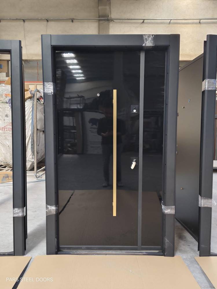 High-quality Exterior Security main Entrance Pivot Door with a black glass finish and a gold-tone handle
