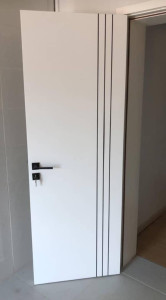 White Interior HDF flush Door with black vertical Lines and black handle set