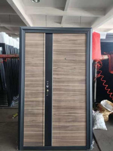 Modern Steel Security Door with a wood-grain finish