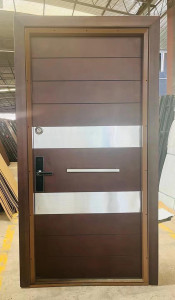 Modern Steel Entry Door with a brown finish and horizontal stainless steel accents