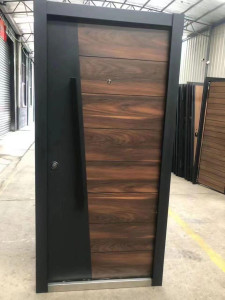 Modern Steel Safety Door with a wood-grain finish