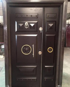 Black full Metal Turkish Security Door with a side panel and gold-tone accents