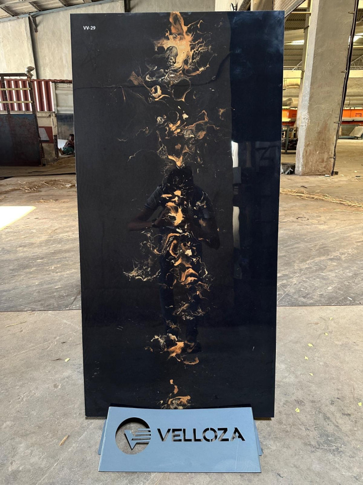 Black Porcelain Tile with Polished finish and a gold, smoke-like design