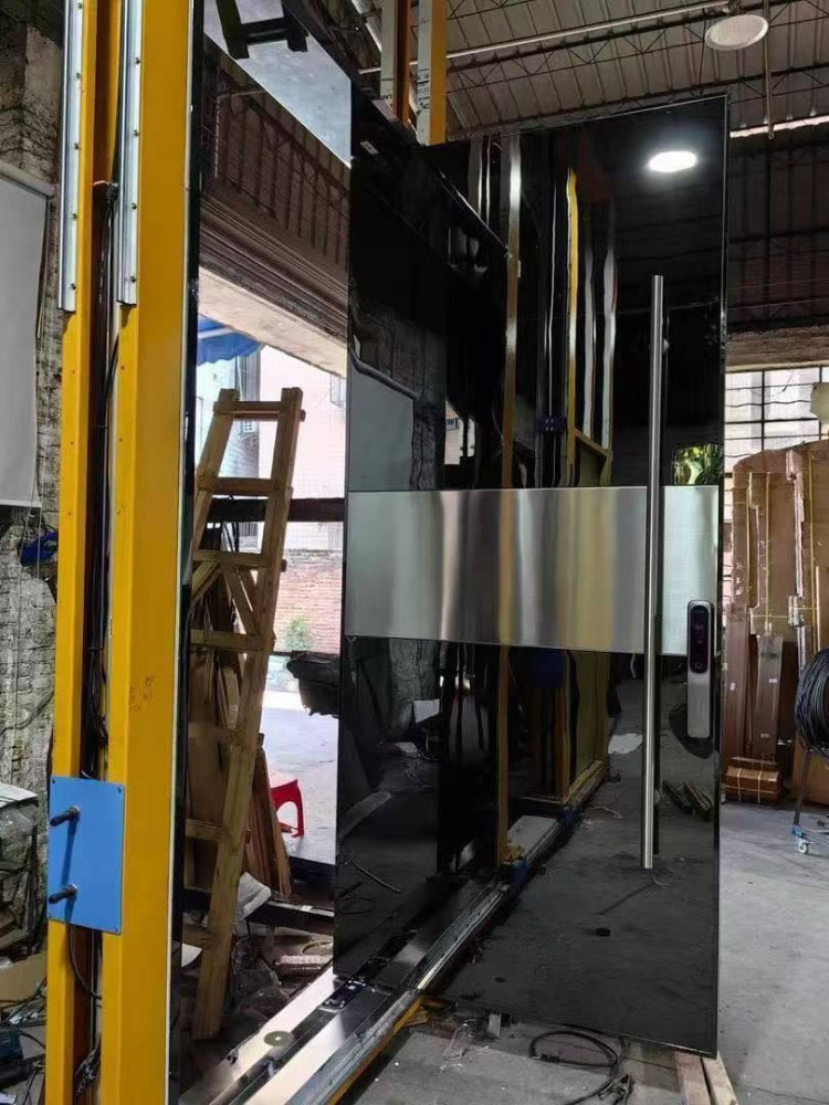 Large Contemporary Pivot Security Door featuring High-shine black finish 