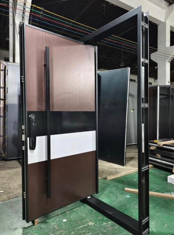 This is a modern exterior pivot security door featuring a multi-point locking system and a brown white, and black panel design