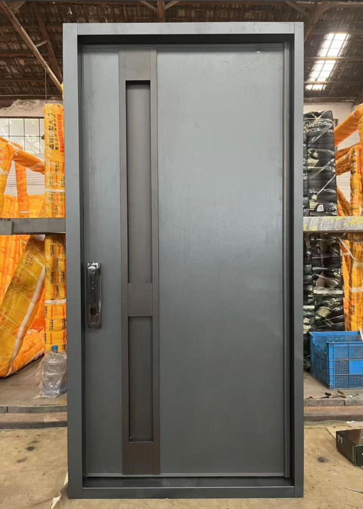 Modern Aluminum or Steel Security Door with a minimalist design and an integrated smart lock