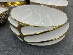 White and Gold Ceramic Countertop basin or sink