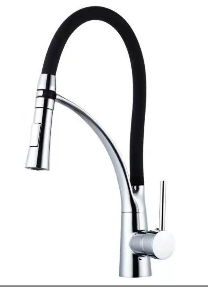 Kitchen sink mixer tap with a pull-down sprayer and flexible black rubber spout