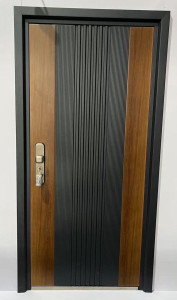 Modern Exterior Steel Security Door with both wood and metal panel design