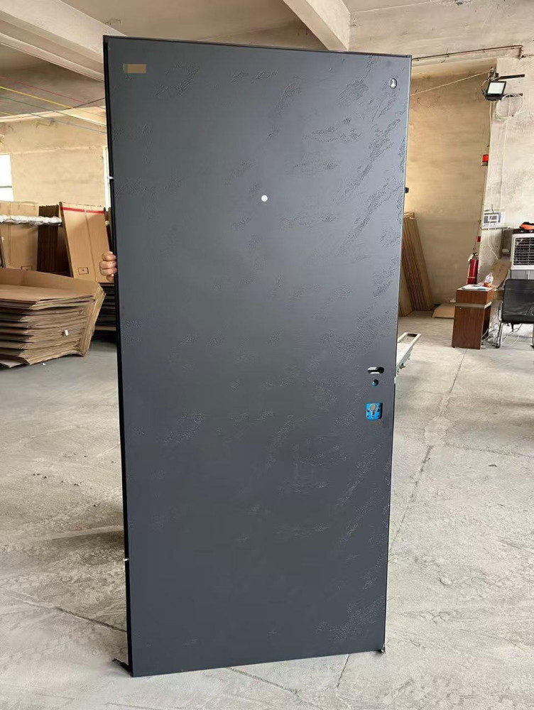 Black galvanised steel security door with a textured finish and a multi-point locking system