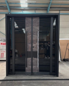 Modern Double Turkish Security Steel Door with glass side panels and a dark wood-effect finish