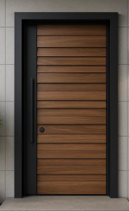 Modern Exterior Door with a wood finish and a black metal frame