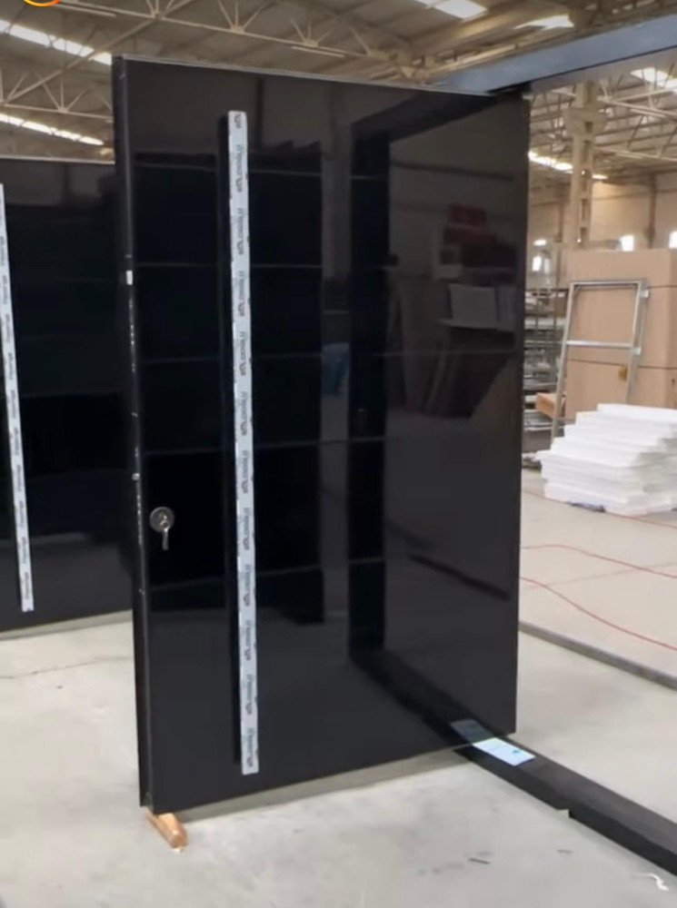 Modern black metal pivot door