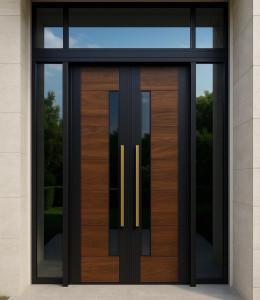 Modern, Luxury double entry door system featuring a combination of materials and design elements