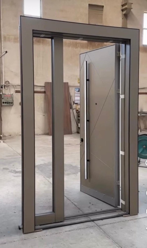 angular-grey Turkish Luxury Security Door with a pivot hinge mechanism