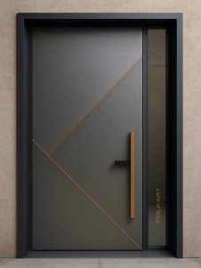 modern aluminum entrance door with a geometric pattern and a vertical glass side panel