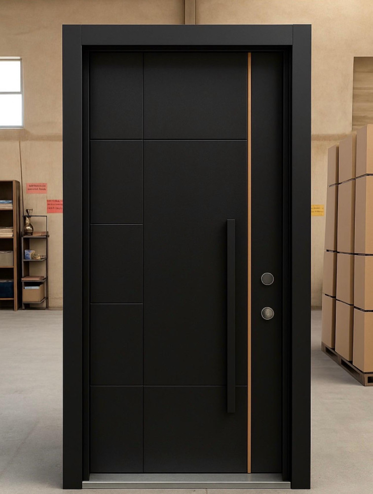 modern matte black front door with a vertical gold accent and a long pull handle