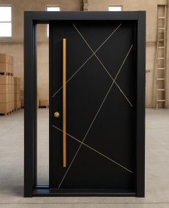 Modern Black  metal pivot Security Door with gold abstract linear inlays and along pull handle