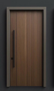 Modern wood entry door with vertical fluted panels and a black pull handle
