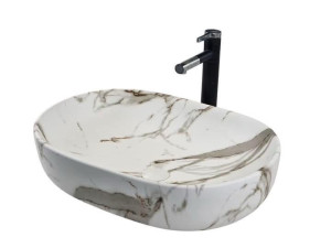 White and grey marble-patterned ceramic countertop wash basin