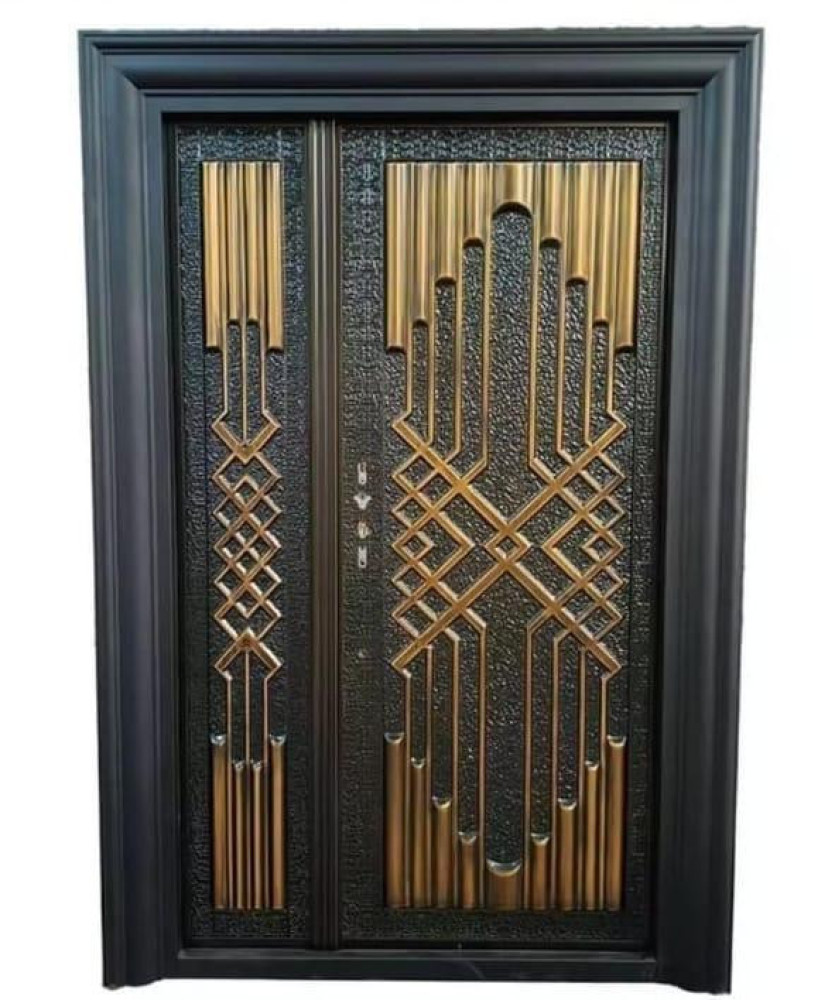 Modern Cast Steel Security Dor with a black frame and gold-toned decorative paneling