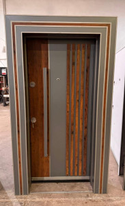 Modern Steel Security Door with a wod and gray Panel Design